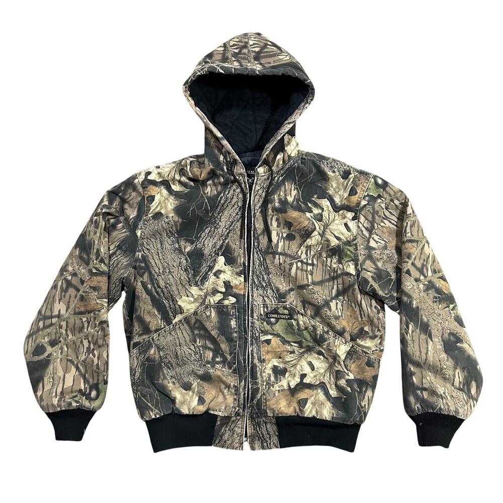 Vintage Commander Camo Hooded Jacket Mens Medium Insulated Zip Hunting Outdoors